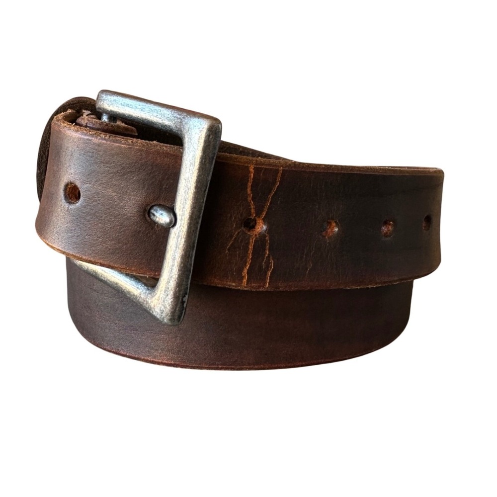 Mens Dark Brown Full Grain Leather Belt Silver Buckle Distressed Rugged